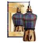 Jean Paul Gaultier perfume bottle with tartan design and gold accents on a white background