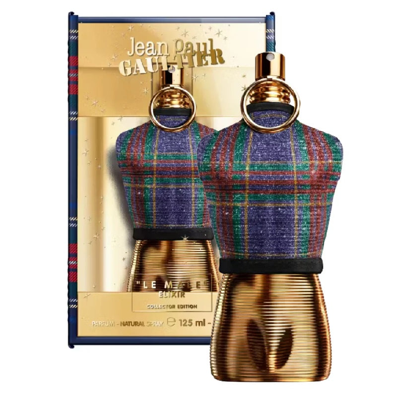 Jean Paul Gaultier perfume bottle with tartan design and gold accents on a white background