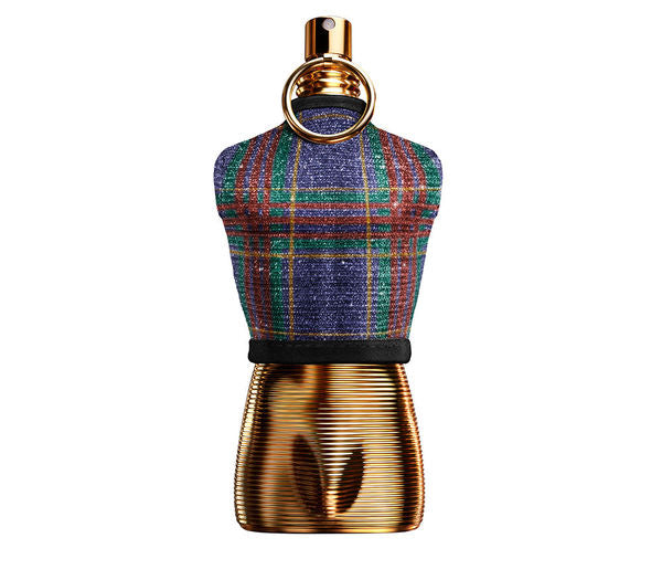 Perfume bottle with plaid design on a white background