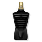 Jean Paul Gaultier Le Male Le Parfum 75ml black torso-shaped bottle with horizontal stripes and a gold spray nozzle.