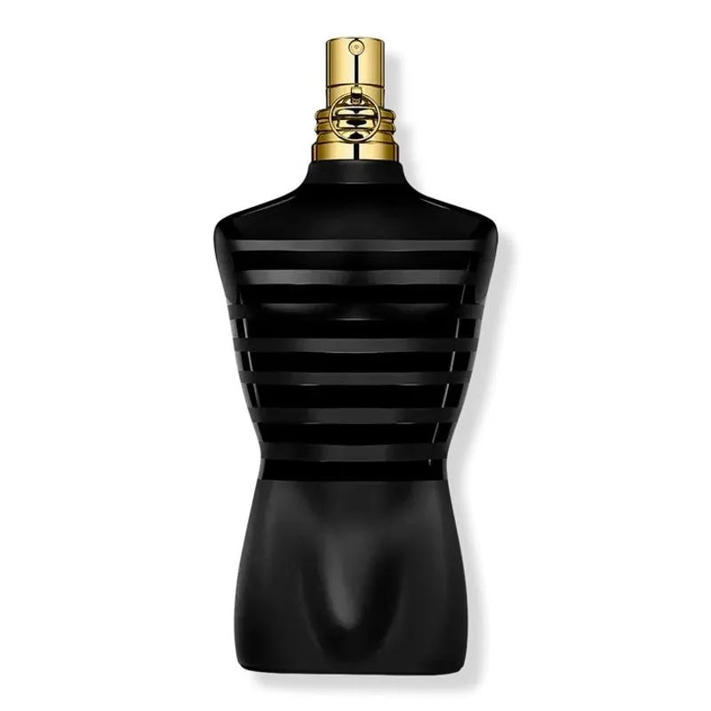 Jean Paul Gaultier Le Male Le Parfum 75ml black torso-shaped bottle with horizontal stripes and a gold spray nozzle.