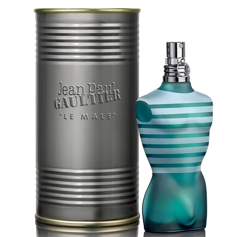 A product image featuring a striped blue and white bottle of Jean Paul Gaultier 'Le Male' Eau de Toilette next to its cylindrical metal packaging.