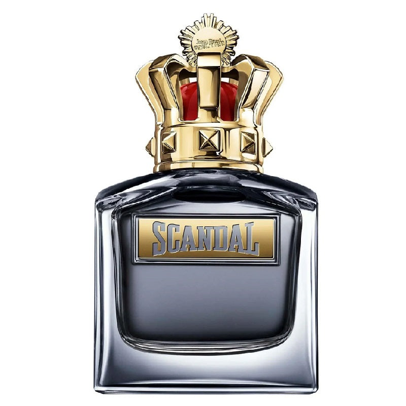 A square-shaped perfume bottle with a prominent golden cap resembling a crown, labeled 'SCANDAL'.