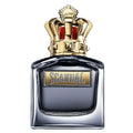 A square-shaped perfume bottle with a prominent golden cap resembling a crown, labeled 'SCANDAL'.