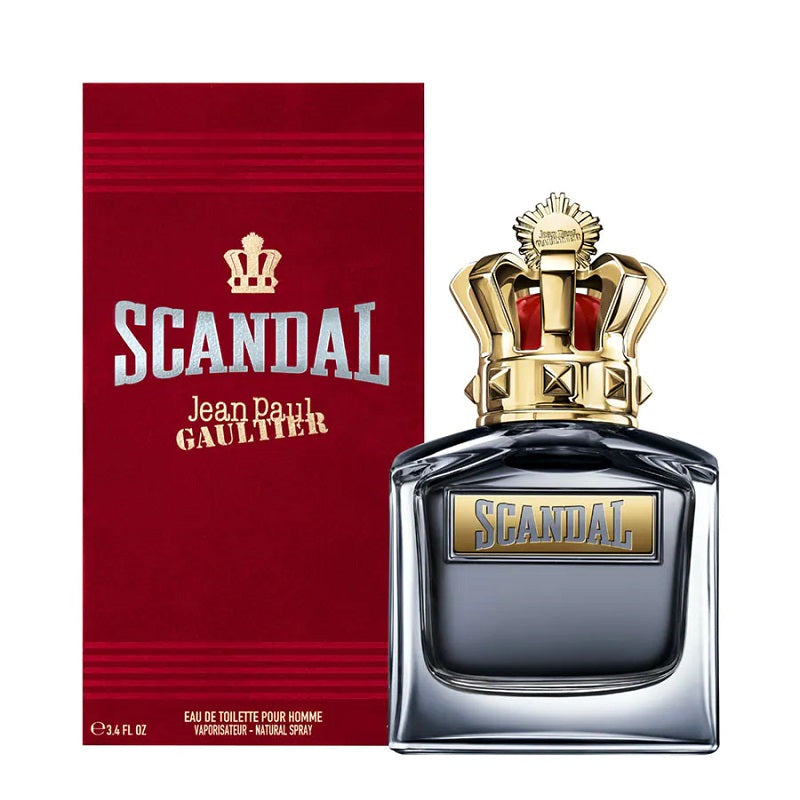 The product image features the Scandal Pour Homme cologne by Jean Paul Gaultier, with a red and black packaging and a distinctive gold crown on the bottle.