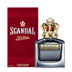 The product image features the Scandal Pour Homme cologne by Jean Paul Gaultier, with a red and black packaging and a distinctive gold crown on the bottle.
