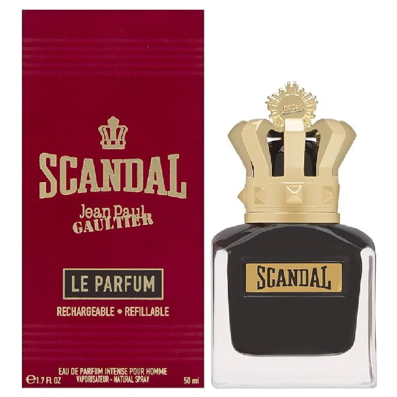 Scandal Le Parfum by Jean Paul Gaultier, with a black bottle and a gold-colored cap, alongside a red packaging box with the brand name and fragrance details.