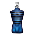 A 125ml bottle of Ultra Male Intense Eau de Toilette by Jean Paul Gaultier, featuring a blue bottle with black horizontal stripes.