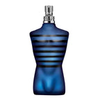 A 125ml bottle of Ultra Male Intense Eau de Toilette by Jean Paul Gaultier, featuring a blue bottle with black horizontal stripes.