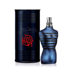 A 125ml Eau de Toilette bottle with a metallic blue finish and a cap, accompanied by a cylindrical black packaging with red text.