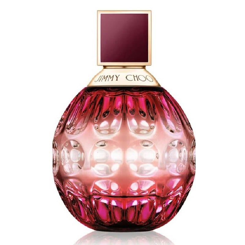 A red, textured glass bottle of Fever Eau de Parfum by Jimmy Choo with a gold cap.