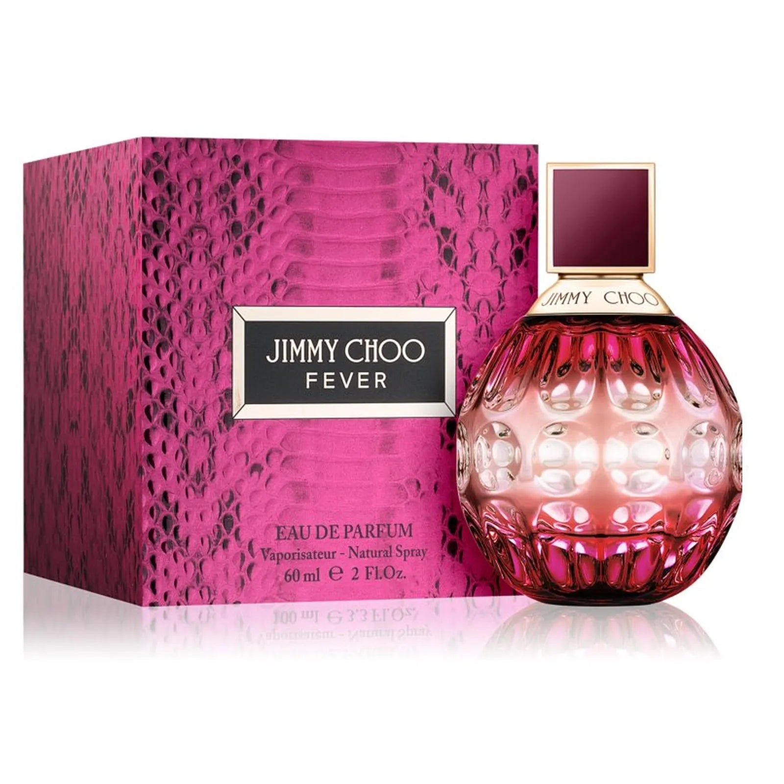 A product image featuring the Fever Eau de Parfum by Jimmy Choo in a 60ml bottle with a pink and purple design, alongside its packaging box.