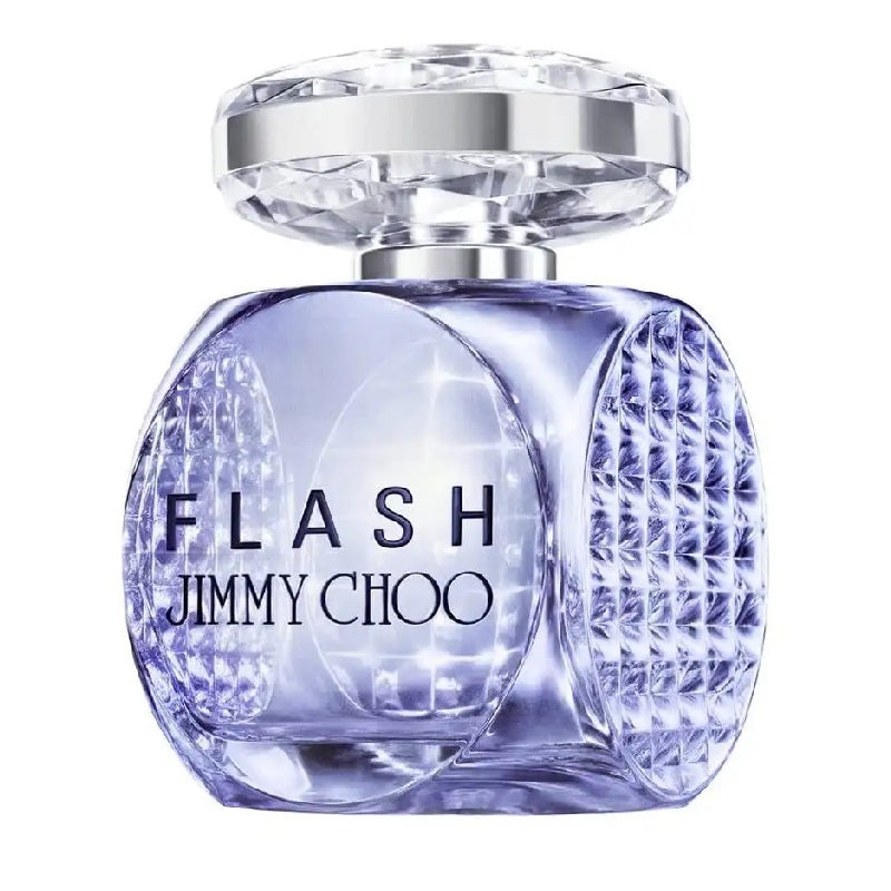 Jimmy Choo Flash perfume bottle with a clear and purple design on a white background