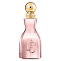 Pink perfume bottle with gold cap on a white background