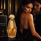 Woman in a black dress with a Jimmy Choo perfume bottle and packaging.