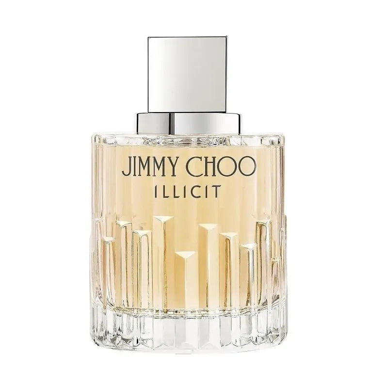 A glass bottle of Jimmy Choo Illicit eau de parfum with a cap, displaying the label and transparent contents.