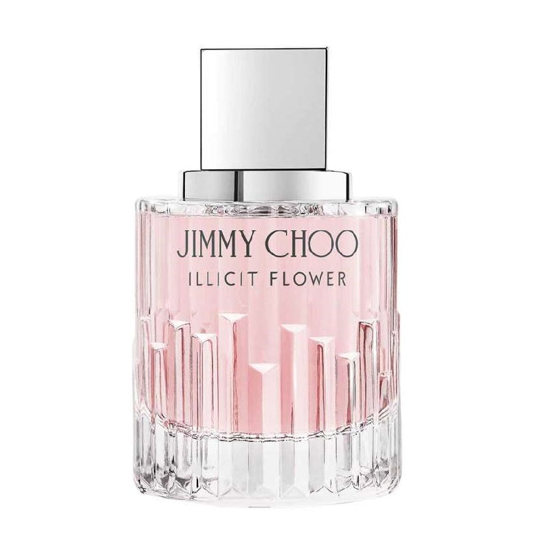 A glass bottle of Jimmy Choo Illicit Flower Eau de Toilette with a pink liquid visible inside and a silver cap.