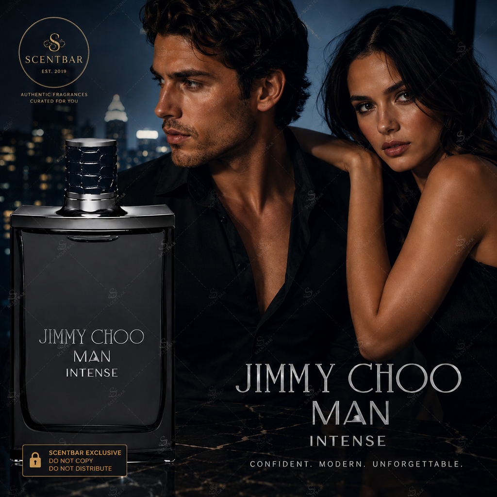 Man and woman with Jimmy Choo Man Intense perfume bottle against a cityscape background