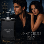 Man and woman with Jimmy Choo Man Intense perfume bottle against a cityscape background