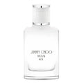 Clear perfume bottle with silver cap labeled 'Jimmy Choo Man Ice' on a white background