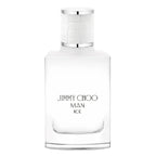 Clear perfume bottle with silver cap labeled 'Jimmy Choo Man Ice' on a white background