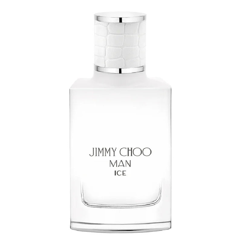 Clear perfume bottle with silver cap labeled 'Jimmy Choo Man Ice' on a white background