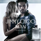 Advertisement for Jimmy Choo Man fragrance featuring a man and woman embracing.
