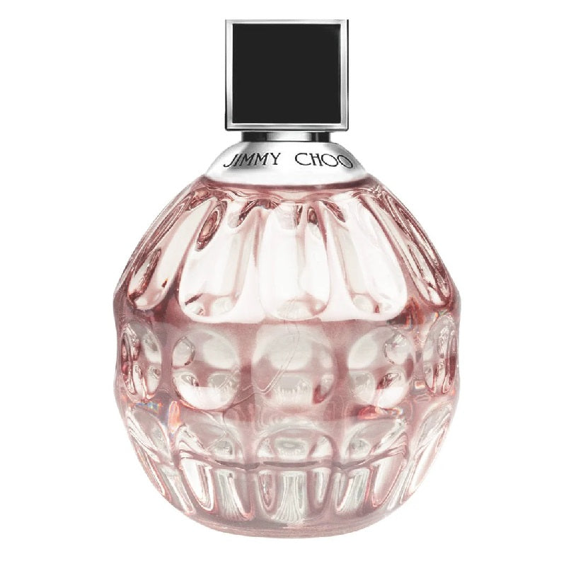A pink glass bottle of Jimmy Choo Women eau de parfum with a black cap and a clear label.
