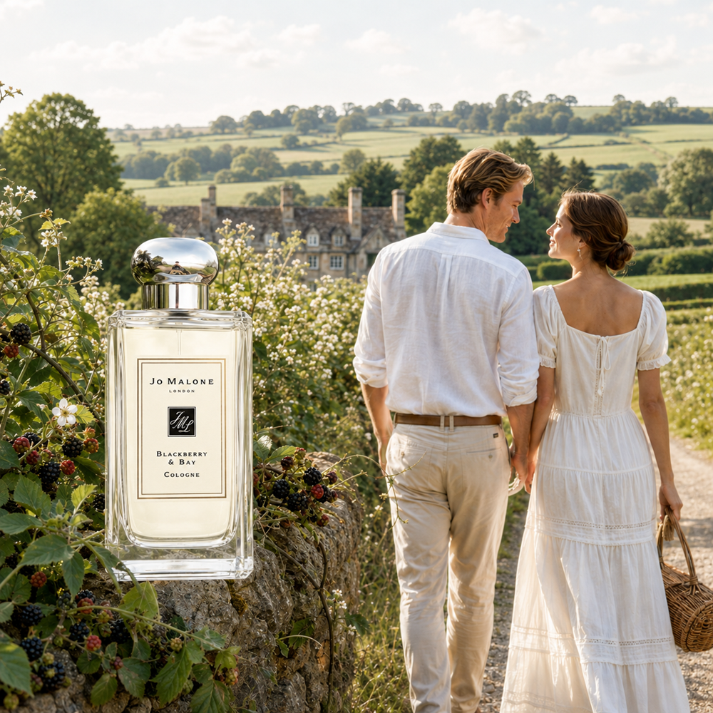 A large bottle of Jo Malone London Blackberry & Blue Cassis perfume is superimposed in the foreground on a scenic outdoor path where a couple in white clothing walks toward a country villa. The perfume bottle is shown clearly against a lush green landscape background.