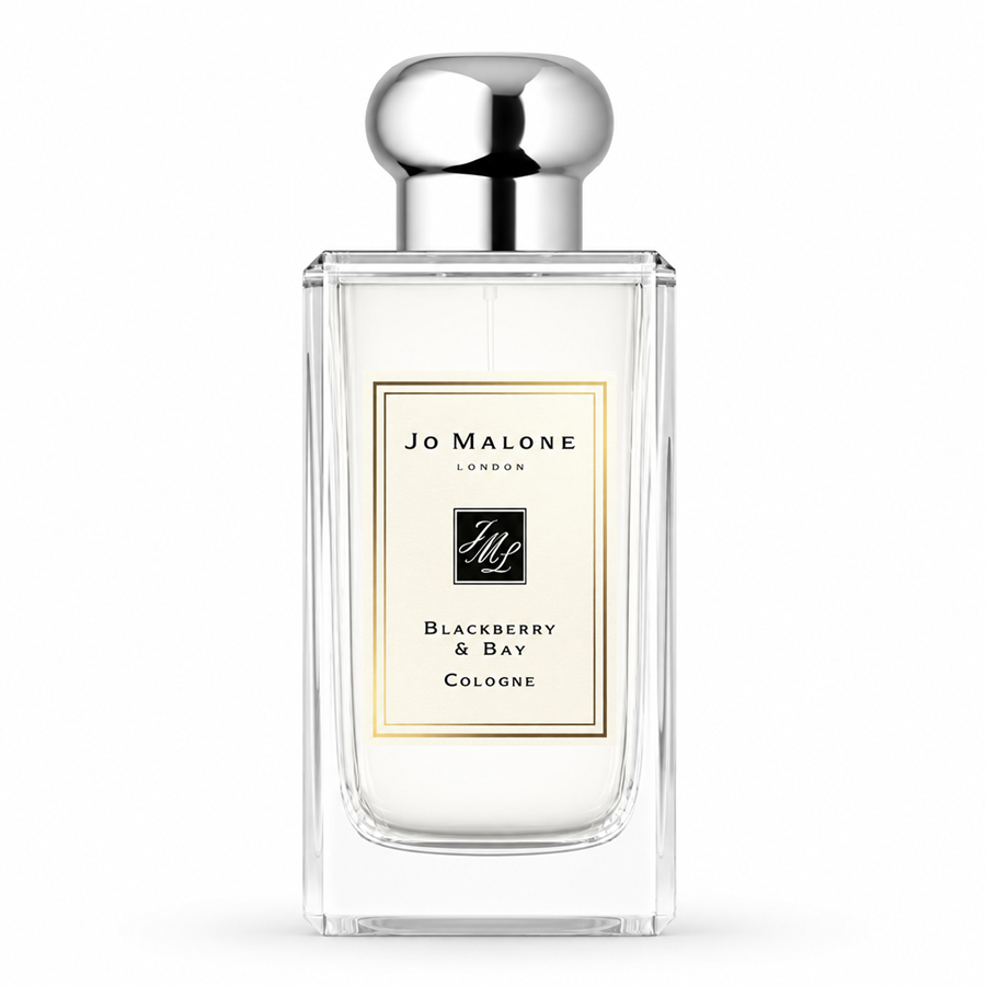 A clear glass bottle of Jo Malone London Blackberry & Bay Cologne with a silver cap and a cream-colored label with gold borders, set against a plain white background.