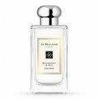 A clear glass bottle of Jo Malone London Blackberry & Bay Cologne with a silver cap and a cream-colored label with gold borders, set against a plain white background.