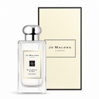 Jo Malone London Blackberry & Bay Cologne in a clear glass bottle with a silver cap, shown next to its cream-colored packaging box on a white background.
