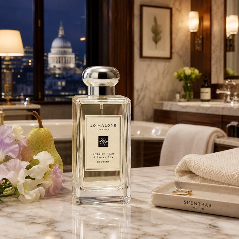 A bottle of Jo Malone London English Pear & Sweet Pia Cologne stands on a marble bathroom counter, with a pear, flowers, folded towels, and a Scentbar London box nearby. A window behind shows a nighttime city view with St.