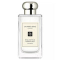 A bottle of Jo Malone London English Pear & Sweet Pea Cologne, featuring a clear glass rectangular bottle with a silver metallic cap and a cream-colored label.