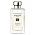 A bottle of Jo Malone London English Pear & Sweet Pea Cologne, featuring a clear glass rectangular bottle with a silver metallic cap and a cream-colored label.