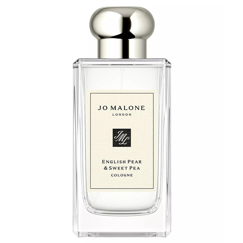 A bottle of Jo Malone London English Pear & Sweet Pea Cologne, featuring a clear glass rectangular bottle with a silver metallic cap and a cream-colored label.