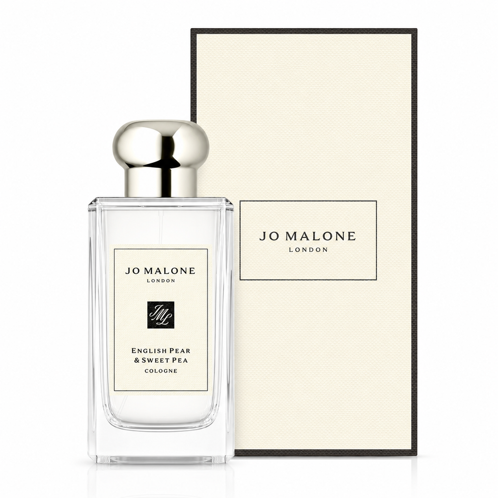 Jo Malone London English Pear & Sweet Pea Cologne in a clear rectangular glass bottle with a silver cap, shown next to its cream-colored textured packaging box.