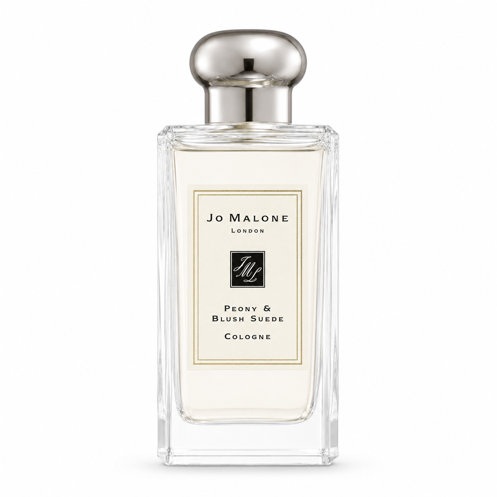Jo Malone London Peony & Blush Suede Cologne in a clear glass bottle with a silver cap and cream-colored label, shown on a white background.