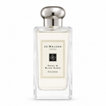 Jo Malone London Peony & Blush Suede Cologne in a clear glass bottle with a silver cap and cream-colored label, shown on a white background.