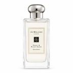 Jo Malone London Peony & Blush Suede Cologne in a clear glass bottle with a silver cap and cream-colored label, shown on a white background.