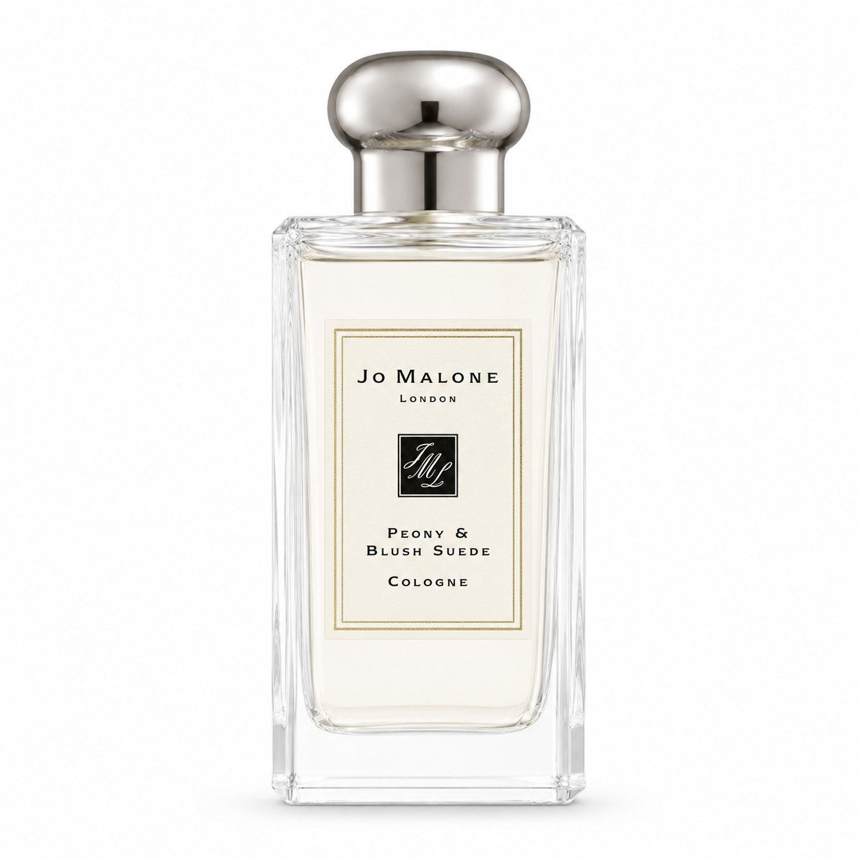 Jo Malone London Peony & Blush Suede Cologne in a clear glass bottle with a silver cap and cream-colored label, shown on a white background.