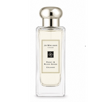 Jo Malone London Peony & Blush Suede Cologne in a clear glass bottle with a silver cap and cream label, set against a plain white background.