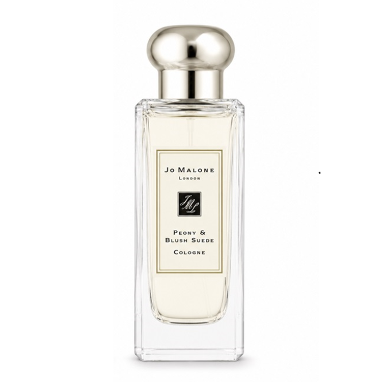 Jo Malone London Peony & Blush Suede Cologne in a clear glass bottle with a silver cap and cream label, set against a plain white background.