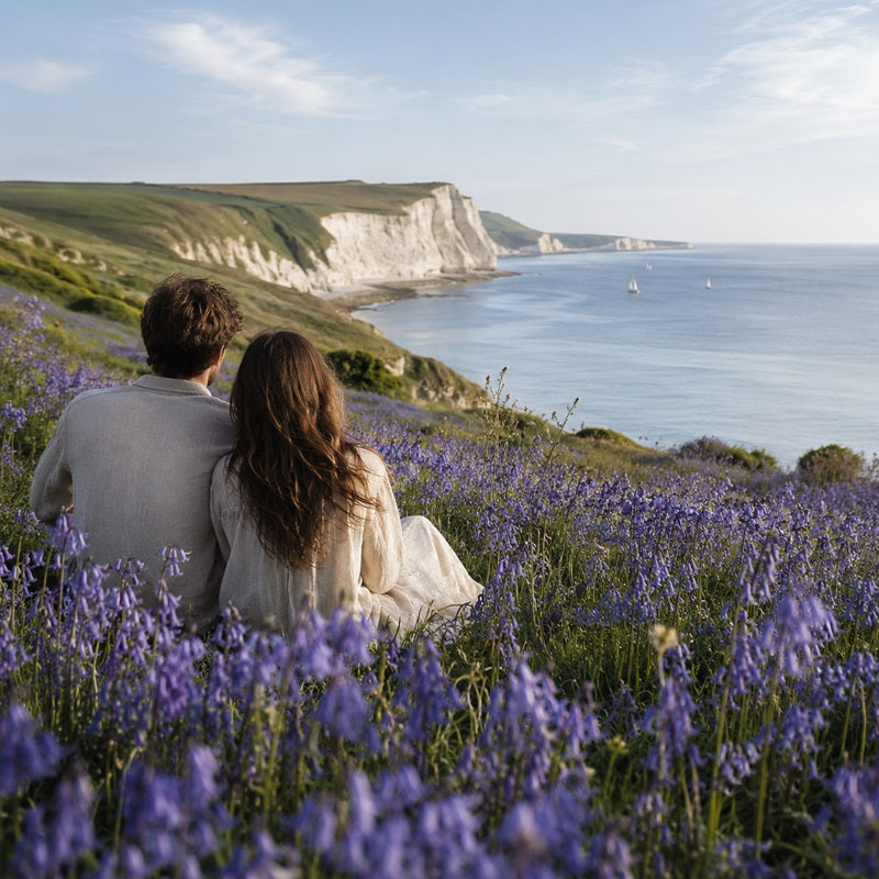 A couple sits on a grassy cliffside surrounded by purple wildflowers, looking out over the blue sea and white cliffs under a soft sky.