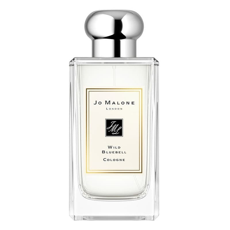 Jo Malone London Wild Bluebell Cologne in a clear glass bottle with a silver cap and a cream-colored label with gold borders.
