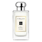 Jo Malone London Wild Bluebell Cologne in a clear glass bottle with a silver cap and a cream-colored label with gold borders.
