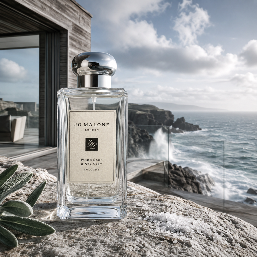 Jo Malone London Wood Sage & Sea Salt Cologne in a clear glass bottle with a silver cap, set on a rocky seaside cliffside with ocean waves and a modern building in the background.