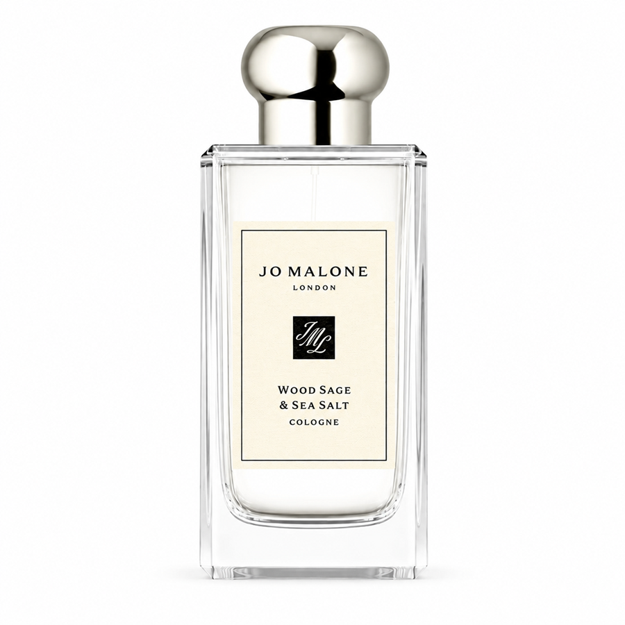 Jo Malone London Wood Sage & Sea Salt Cologne in a clear glass bottle with a silver cap and cream-colored label, set against a plain white background.