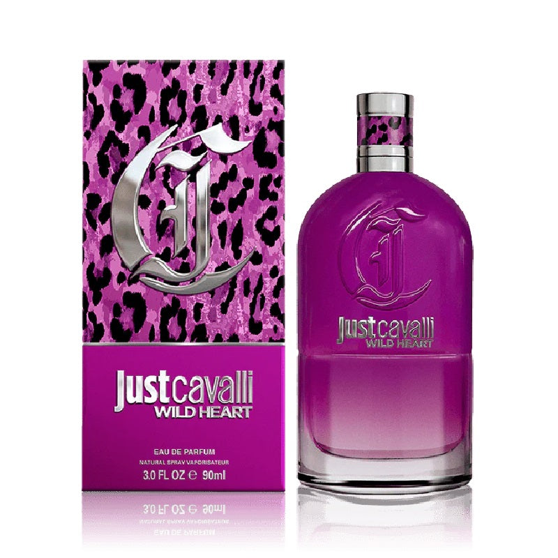 Just Cavalli Wild Heart perfume bottle and packaging with leopard print design on a white background