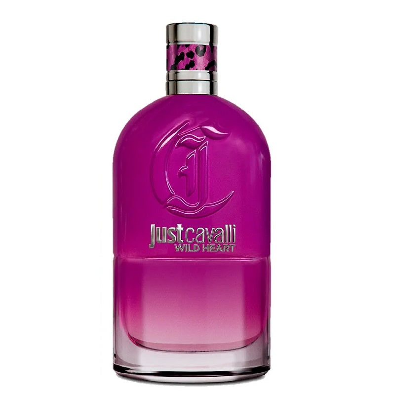Pink perfume bottle with 'Just Cavalli Wild Heart' branding on a white background